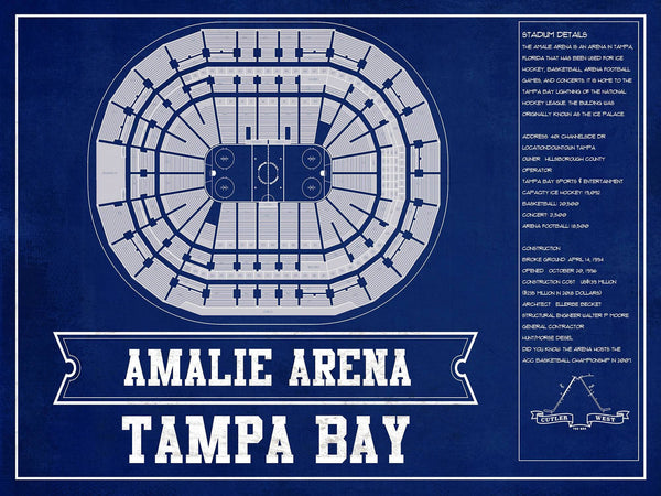 14" x 11" / Unframed Cutler West Tampa Bay Lightning Amalie Arena Team Colors Seating Chart - Vintage Hockey Print