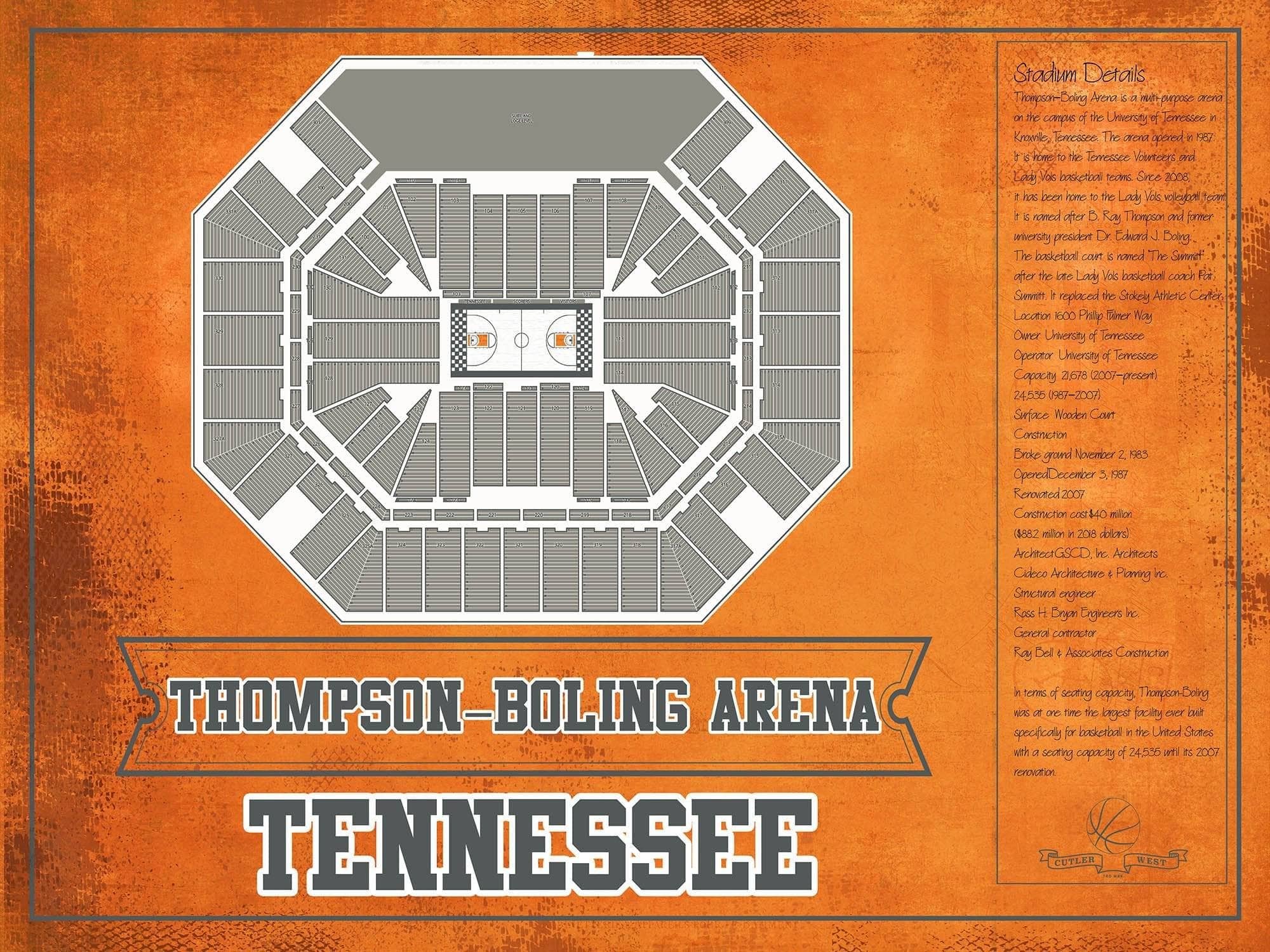 Cutler West Basketball Collection 14" x 11" / Unframed Thompson–Boling Arena - Tennessee Volunteers, Lady Vols NCAA College Basketball Blueprint Art 93335021484746
