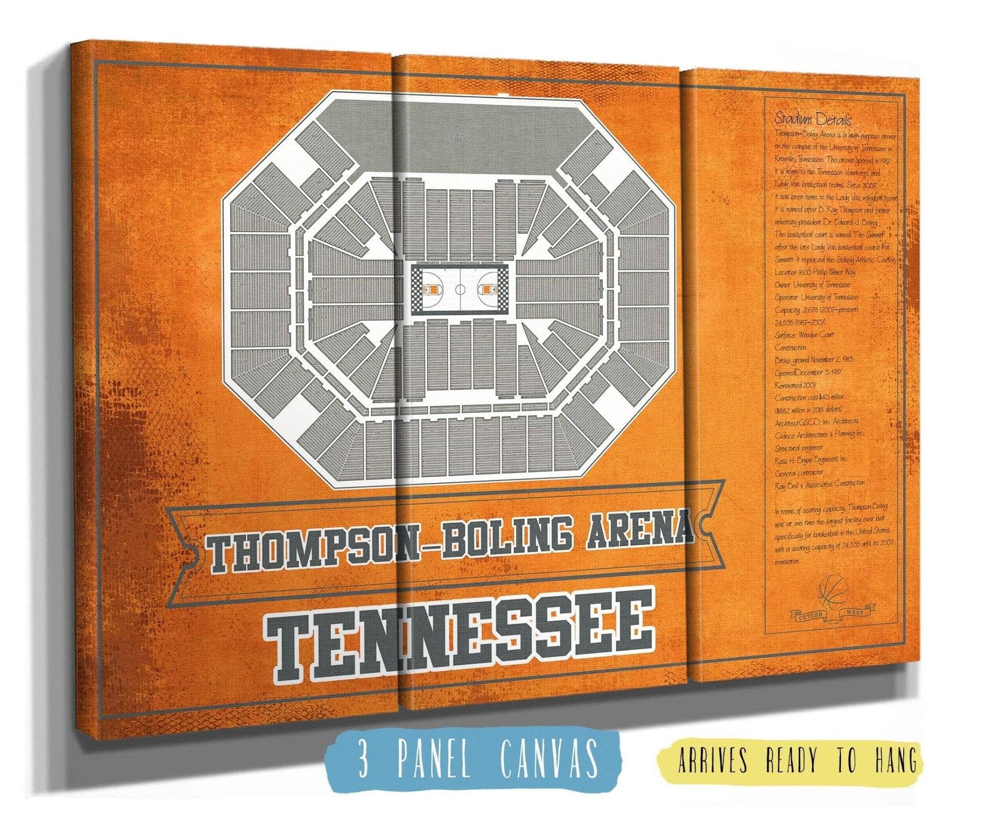Cutler West Basketball Collection 48" x 32" / 3 Panel Canvas Wrap Thompson–Boling Arena - Tennessee Volunteers, Lady Vols NCAA College Basketball Blueprint Art 93335021484796