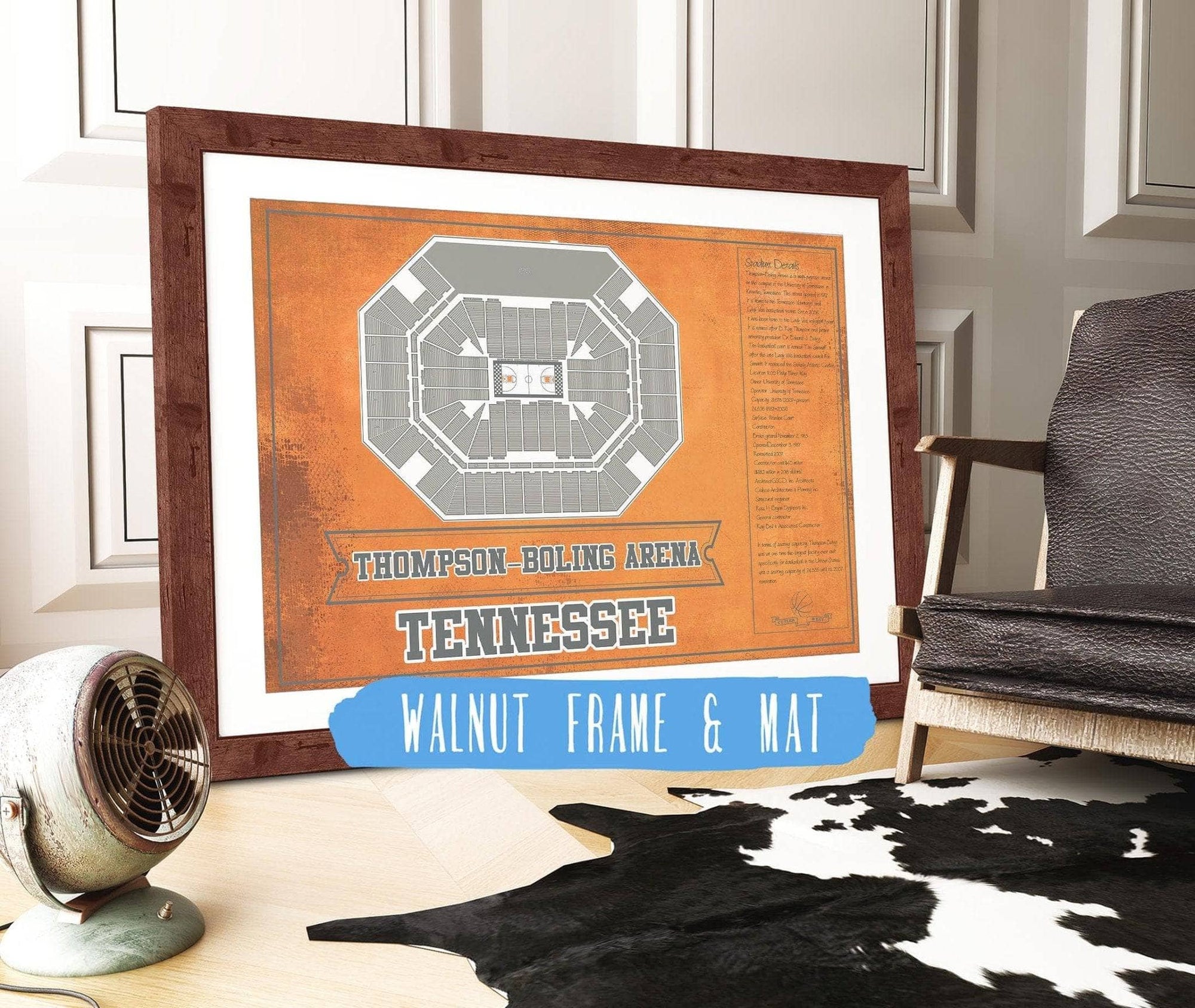 Cutler West Basketball Collection 14" x 11" / Walnut Frame & Mat Thompson–Boling Arena - Tennessee Volunteers, Lady Vols NCAA College Basketball Blueprint Art 93335021484750