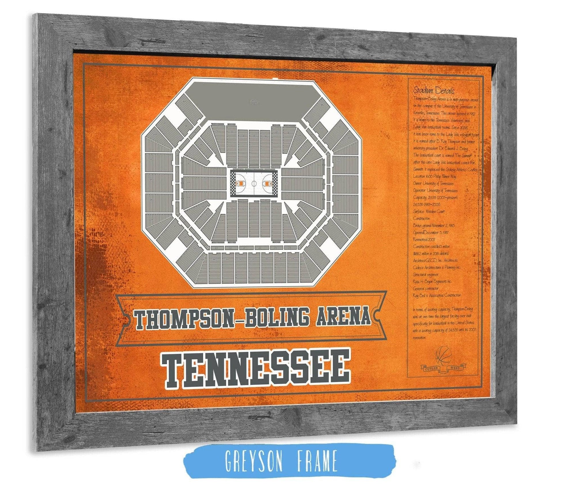 Cutler West Basketball Collection 14" x 11" / Greyson Frame Thompson–Boling Arena - Tennessee Volunteers, Lady Vols NCAA College Basketball Blueprint Art 93335021484753