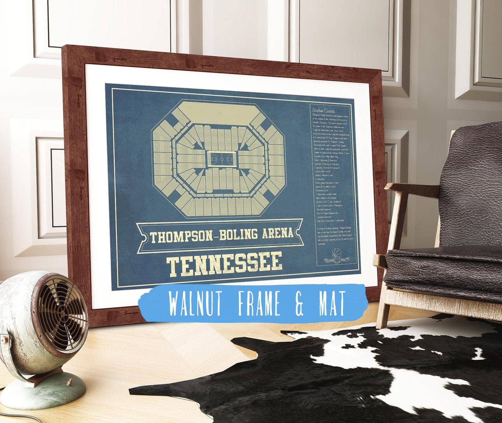 Cutler West Basketball Collection 14" x 11" / Walnut Frame & Mat Thompson–Boling Arena - Tennessee Volunteers, Lady Vols NCAA College Basketball Blueprint Art 93335021384684