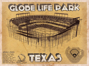 14" x 11" / Unframed Cutler West Texas Rangers - Globe Life Park Vintage Stadium Baseball Print