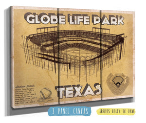36" x 24" / 3 Panel Canvas Wrap Cutler West Texas Rangers - Globe Life Park Vintage Stadium Baseball Print