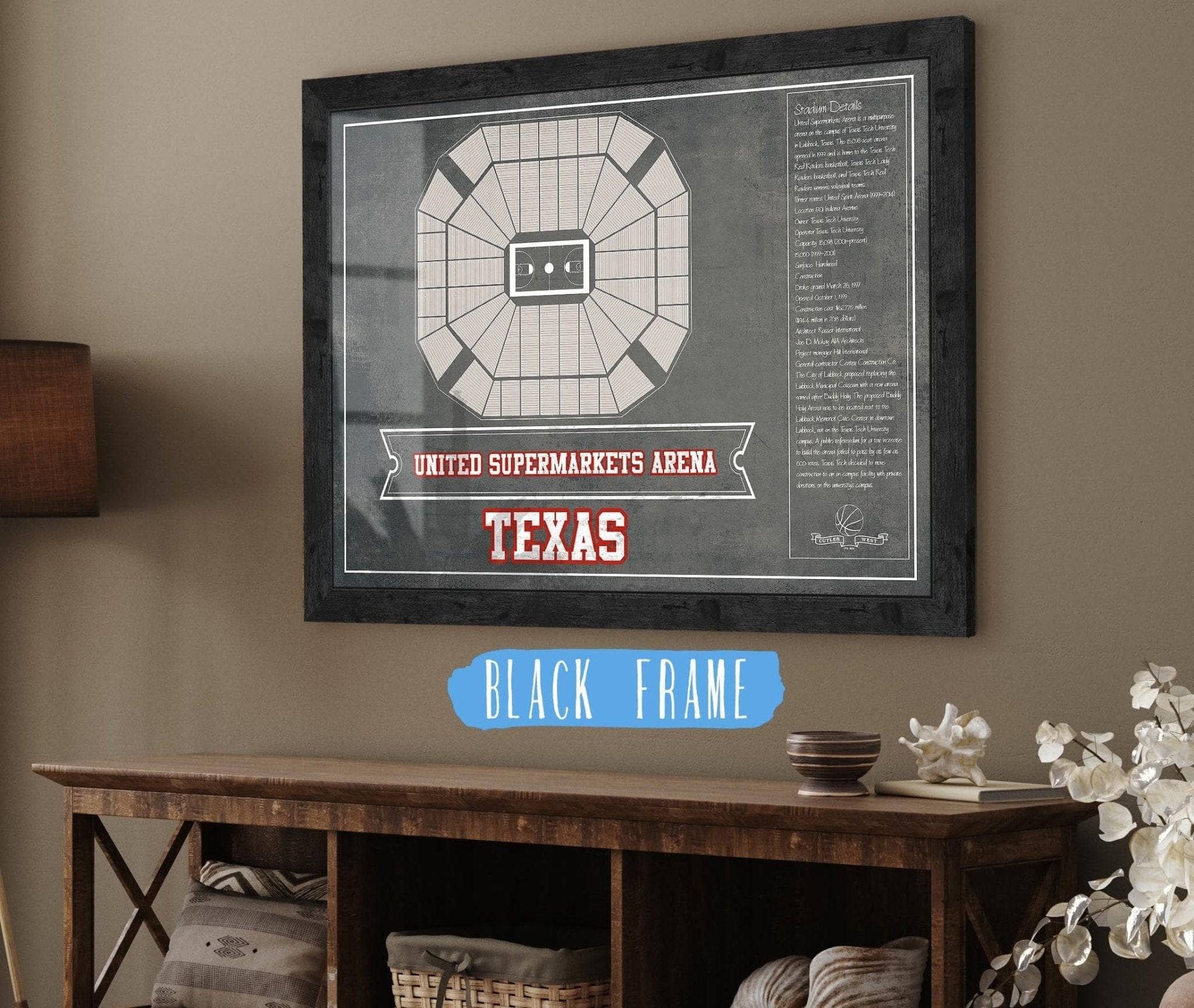Cutler West Basketball Collection 14" x 11" / Black Frame United Supermarkets Arena - Texas Tech Red Raiders NCAA College Basketball Blueprint Art 93335021284879