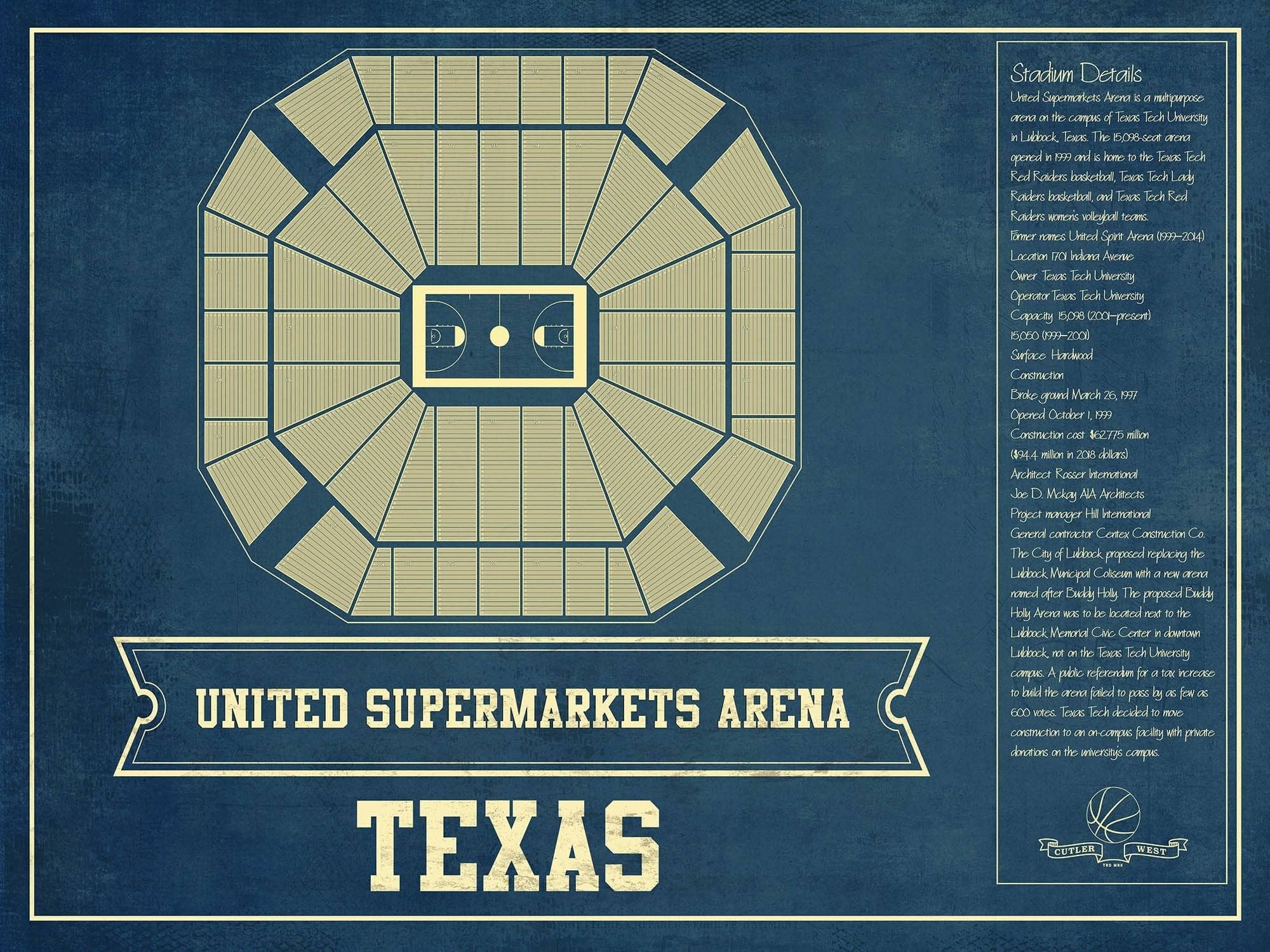 Cutler West Basketball Collection 14" x 11" / Unframed United Supermarkets Arena - Texas Tech Red Raiders NCAA College Basketball Blueprint Art 93335021184812