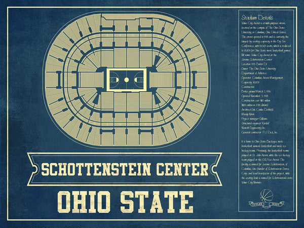 14" x 11" / Unframed Cutler West The Schottenstein Center - Ohio State Buckeyes NCAA College Basketball Blueprint Art