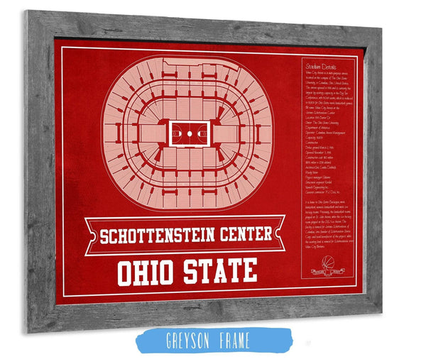 14" x 11" / Greyson Frame Cutler West The Schottenstein Center - Ohio State Buckeyes Team Colors NCAA College Basketball Blueprint Art