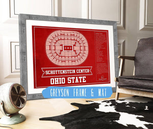 14" x 11" / Greyson Frame & Mat Cutler West The Schottenstein Center - Ohio State Buckeyes Team Colors NCAA College Basketball Blueprint Art