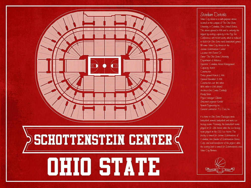 14" x 11" / Stretched Canvas Wrap Cutler West The Schottenstein Center - Ohio State Buckeyes Team Colors NCAA College Basketball Blueprint Art