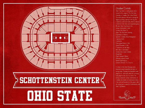 14" x 11" / Unframed Cutler West The Schottenstein Center - Ohio State Buckeyes Team Colors NCAA College Basketball Blueprint Art