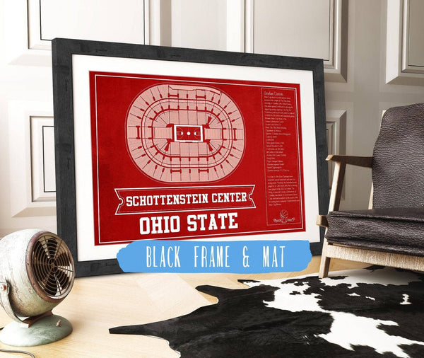 20" x 16" / Black Frame & Mat Cutler West The Schottenstein Center - Ohio State Buckeyes Team Colors NCAA College Basketball Blueprint Art
