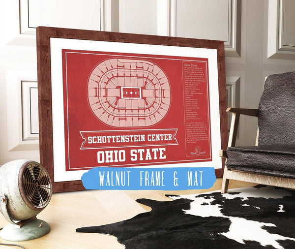 20" x 16" / Walnut Frame & Mat Cutler West The Schottenstein Center - Ohio State Buckeyes Team Colors NCAA College Basketball Blueprint Art