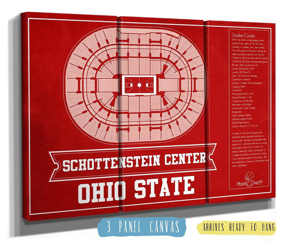 36" x 24" / 3 Panel Canvas Wrap Cutler West The Schottenstein Center - Ohio State Buckeyes Team Colors NCAA College Basketball Blueprint Art