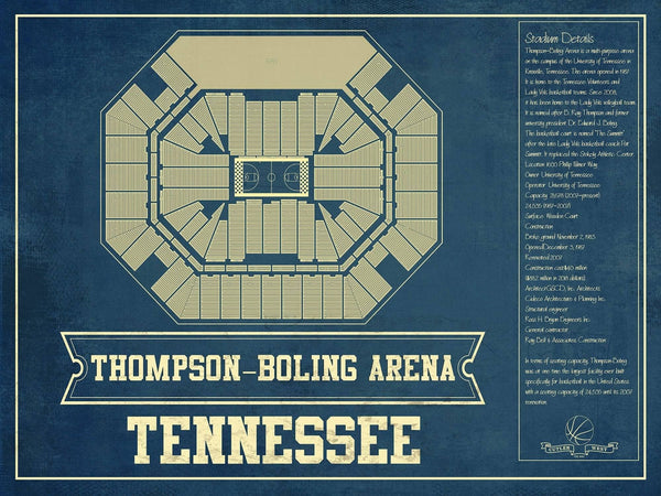14" x 11" / Unframed Cutler West Thompson–Boling Arena - Tennessee Volunteers, Lady Vols NCAA College Basketball Blueprint Art