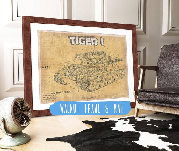 20" x 16" / Walnut Frame & Mat Cutler West Tiger I Vintage German Tank Military Print