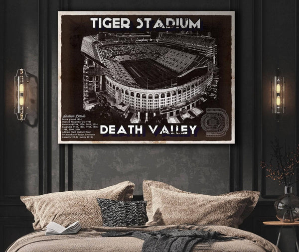 Cutler West Tiger Stadium Art - LSU Tigers Vintage Stadium & Blueprint Art Print
