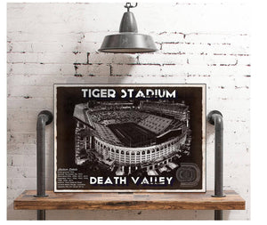 Cutler West Tiger Stadium Art - LSU Tigers Vintage Stadium & Blueprint Art Print