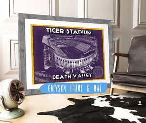 14" x 11" / Greyson Frame & Mat Cutler West Tiger Stadium Art - LSU Tigers Vintage Stadium - Blueprint Art Print