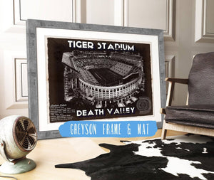 14" x 11" / Greyson Frame & Mat Cutler West Tiger Stadium Art - LSU Tigers Vintage Stadium & Blueprint Art Print