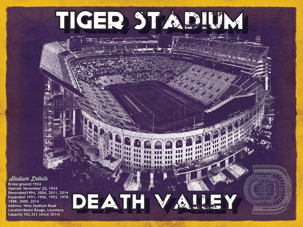 14" x 11" / Stretched Canvas Wrap Cutler West Tiger Stadium Art - LSU Tigers Vintage Stadium - Blueprint Art Print
