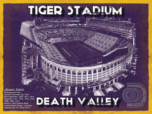 14" x 11" / Unframed Cutler West Tiger Stadium Art - LSU Tigers Vintage Stadium - Blueprint Art Print