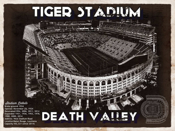 14" x 11" / Unframed Cutler West Tiger Stadium Art - LSU Tigers Vintage Stadium & Blueprint Art Print