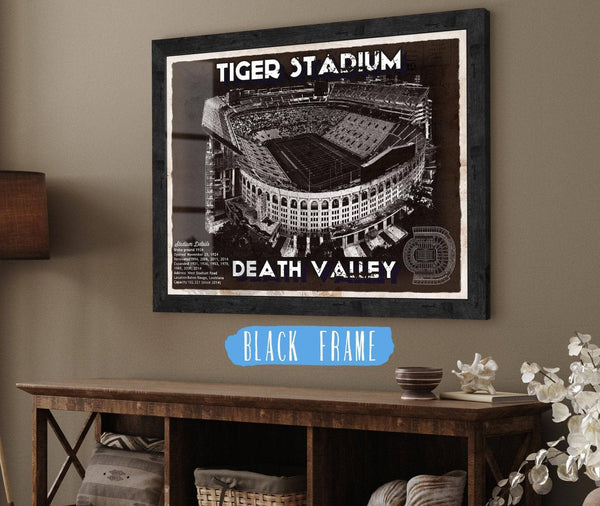 20" x 16" / Black Frame Cutler West Tiger Stadium Art - LSU Tigers Vintage Stadium & Blueprint Art Print