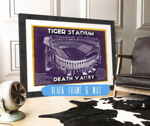 20" x 16" / Black Frame & Mat Cutler West Tiger Stadium Art - LSU Tigers Vintage Stadium - Blueprint Art Print