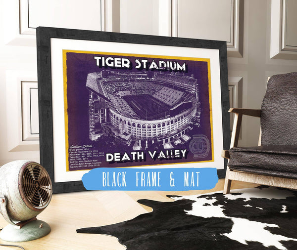 20" x 16" / Black Frame & Mat Cutler West Tiger Stadium Art - LSU Tigers Vintage Stadium - Blueprint Art Print