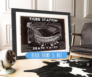 20" x 16" / Black Frame & Mat Cutler West Tiger Stadium Art - LSU Tigers Vintage Stadium & Blueprint Art Print