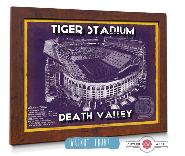20" x 16" / Walnut Frame Cutler West Tiger Stadium Art - LSU Tigers Vintage Stadium - Blueprint Art Print