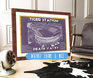 20" x 16" / Walnut Frame & Mat Cutler West Tiger Stadium Art - LSU Tigers Vintage Stadium - Blueprint Art Print