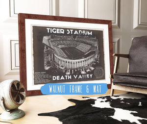 20" x 16" / Walnut Frame & Mat Cutler West Tiger Stadium Art - LSU Tigers Vintage Stadium & Blueprint Art Print