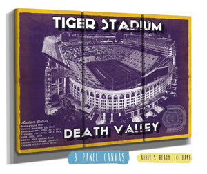 36" x 24" / 3 Panel Canvas Wrap Cutler West Tiger Stadium Art - LSU Tigers Vintage Stadium - Blueprint Art Print