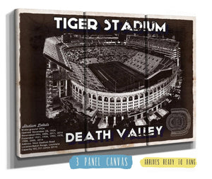 36" x 24" / 3 Panel Canvas Wrap Cutler West Tiger Stadium Art - LSU Tigers Vintage Stadium & Blueprint Art Print