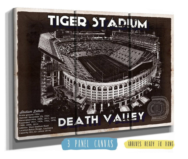 36" x 24" / 3 Panel Canvas Wrap Cutler West Tiger Stadium Art - LSU Tigers Vintage Stadium & Blueprint Art Print