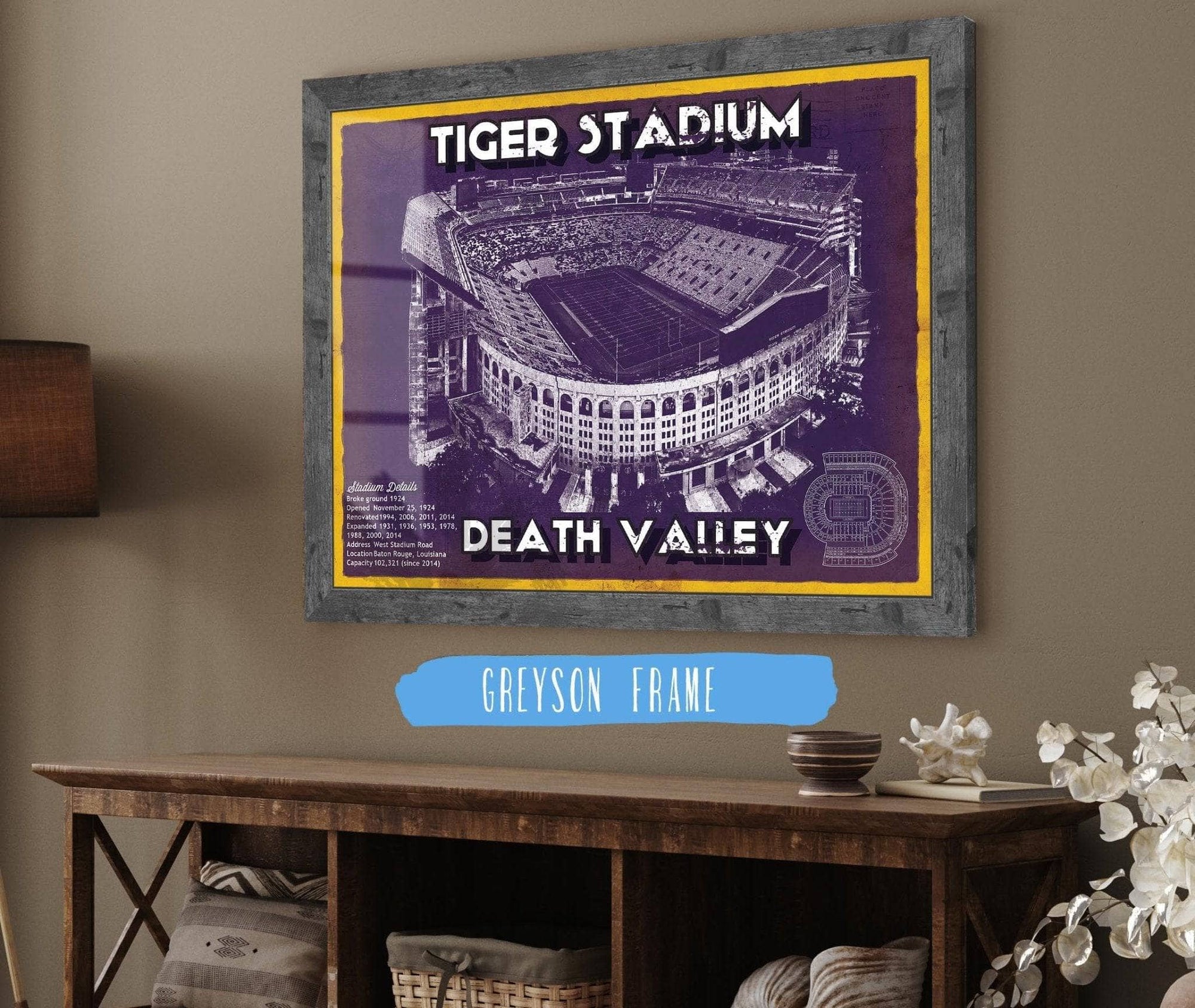 Cutler West Best Selling Collection Tiger Stadium Art - LSU Tigers Vintage Stadium & Blueprint Art Print