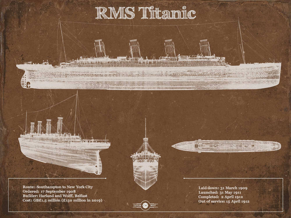 14" x 11" / Stretched Canvas Wrap Cutler West Titanic Blueprint Original Wall Art