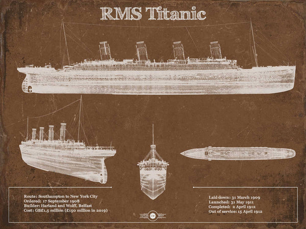 14" x 11" / Unframed Cutler West Titanic Blueprint Original Wall Art