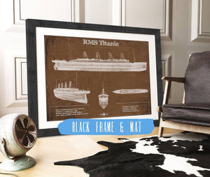 20" x 16" / Black Frame & Mat Cutler West Titanic Blueprint Original Wall Art