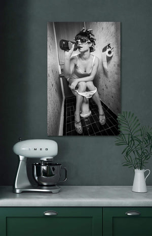 Cutler West Toilet Humor - Girl Drinking on Toilet Vintage Framed Print