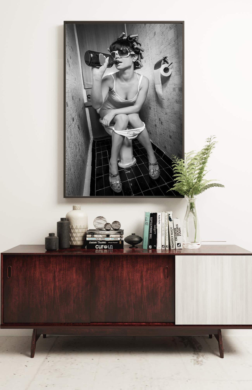 Cutler West Toilet Humor - Girl Drinking on Toilet Vintage Framed Print