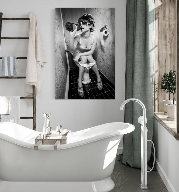 Cutler West Toilet Humor - Girl Drinking on Toilet Vintage Framed Print