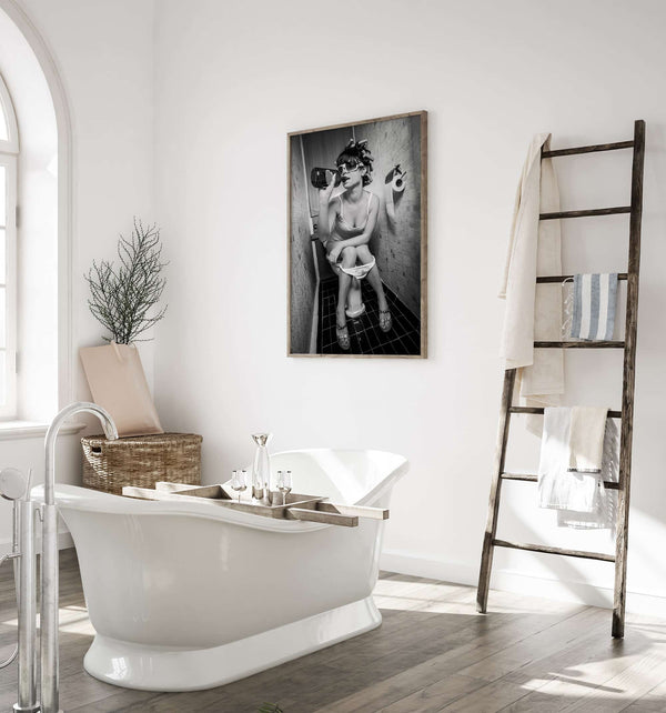 Cutler West Toilet Humor - Girl Drinking on Toilet Vintage Framed Print