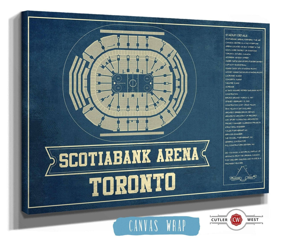 14" x 11" / Stretched Canvas Wrap Cutler West Toronto Maple Leafs - Scotiabank Arena Vintage Hockey Blueprint NHL Print