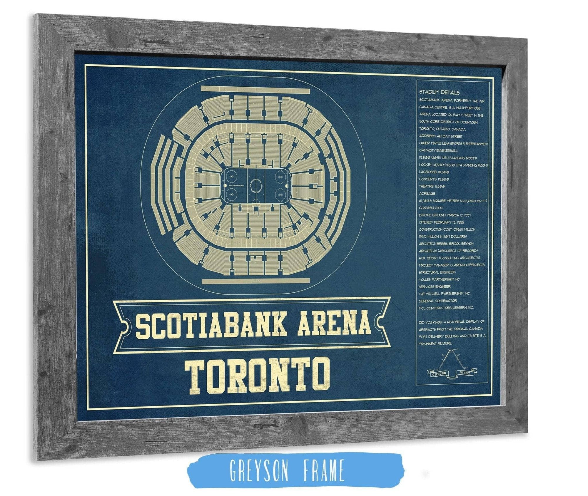 Cutler West 14" x 11" / Greyson Frame Toronto Maple Leafs - Scotiabank Arena Vintage Hockey Blueprint NHL Print 137553