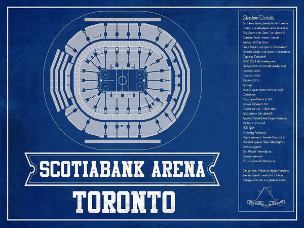 14" x 11" / Unframed Cutler West Toronto Maple Leafs Team Color - Scotiabank Arena Vintage Hockey Blueprint NHL Print