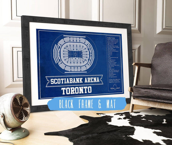 20" x 16" / Black Frame & Mat Cutler West Toronto Maple Leafs Team Color - Scotiabank Arena Vintage Hockey Blueprint NHL Print