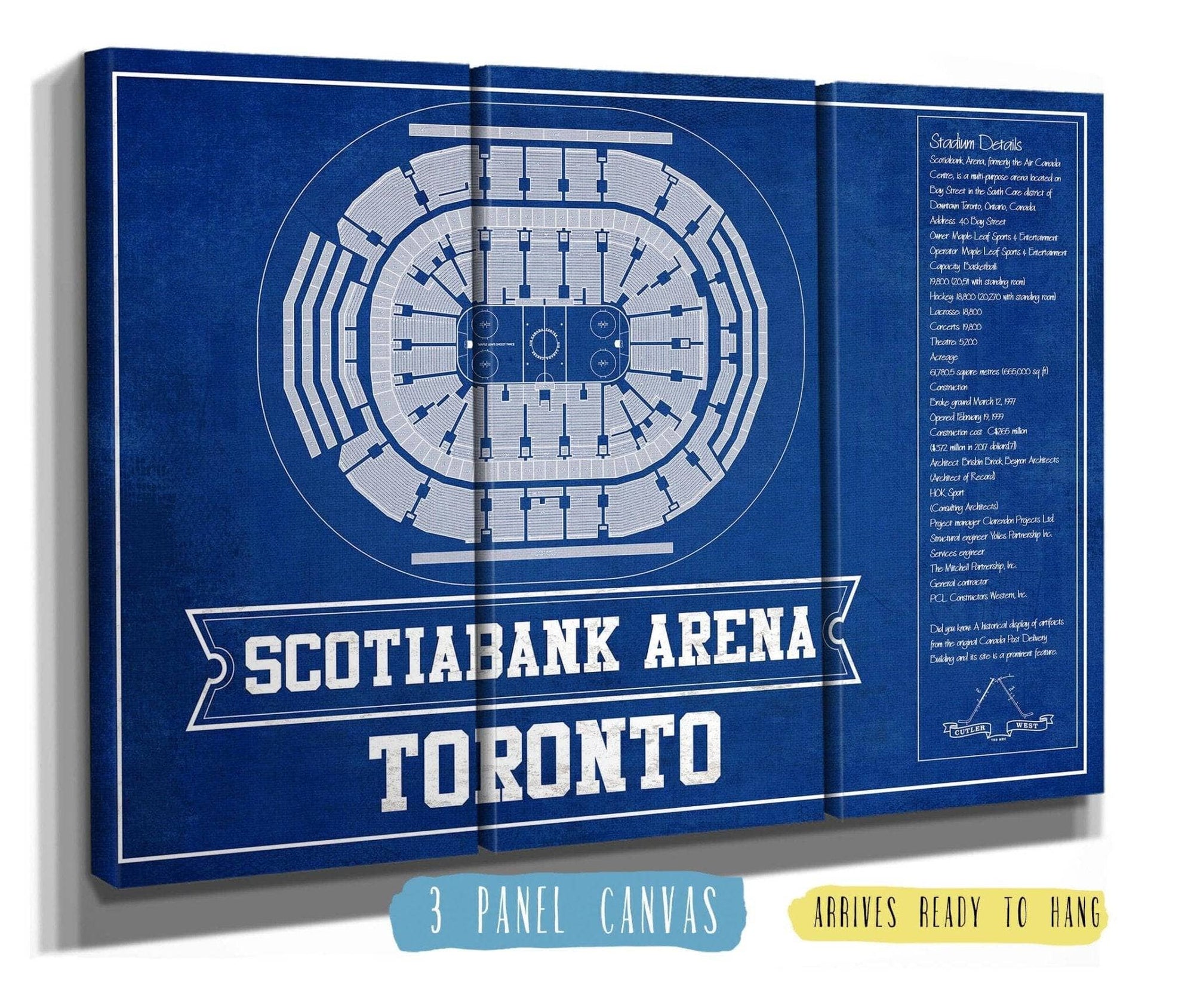 Cutler West 48" x 32" / 3 Panel Canvas Wrap Toronto Maple Leafs Team Color - Scotiabank Arena Vintage Hockey Blueprint NHL Print 933350243_81430